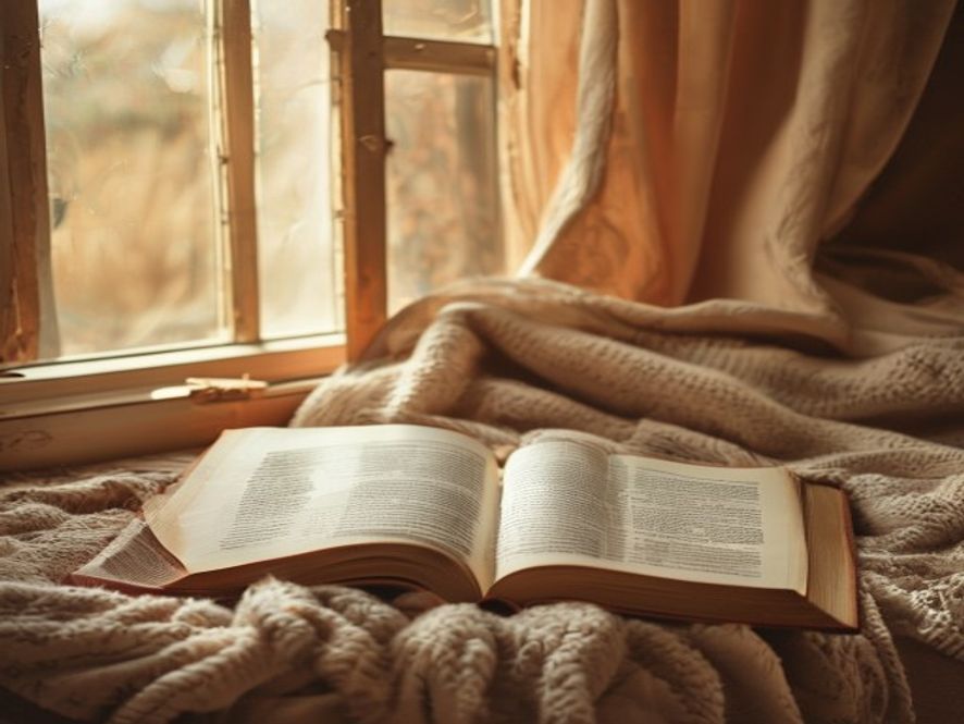 Sunlit reading space with open book and notepad on wooden floor