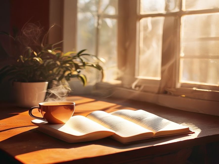 Bright morning workspace with notebook and coffee, warm natural light streaming through window